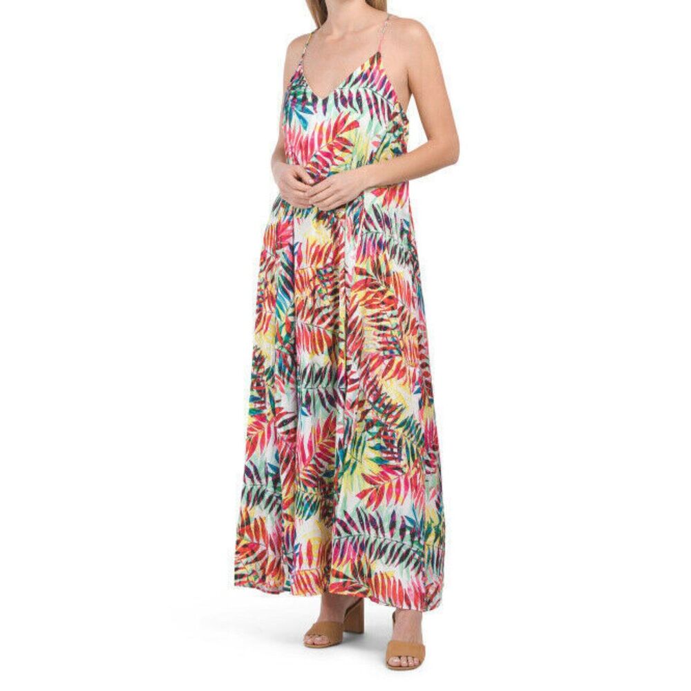 NICOLE MILLER Satin Floral Print Multicolor Halter MAXI Dress With Pockets Sz L